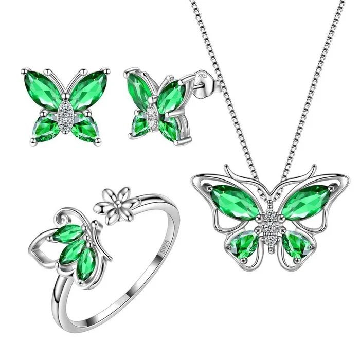 Schmetterlings-Geburtsstein-Mai-Smaragd-Schmuckset, 4-teilig, für Damen und Mädchen, Geburtstagsgeschenk