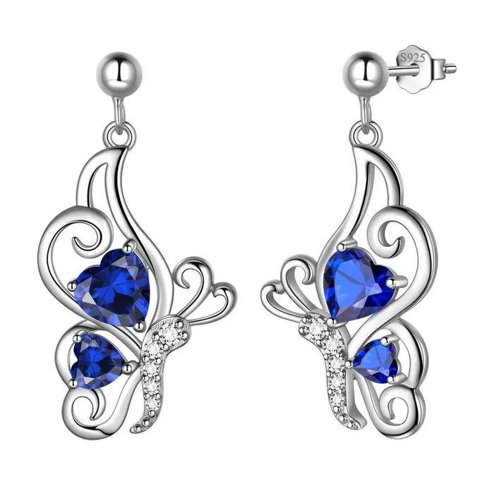 Schmetterlings-Geburtsstein-September-Saphir-Ohrringe für Damen und Mädchen, Schmuck, Geburtstagsgeschenk, Sterlingsilber