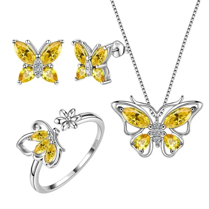 Schmetterlings-Geburtsstein-Zitrin-Schmuckset für November, 4-teilig, für Damen und Mädchen, Geburtstagsgeschenk