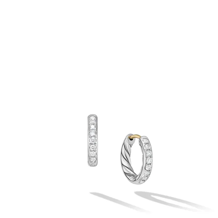 Sculpted Cable Huggie Hoop Earrings in Sterling Silver with Diamonds, 13mm