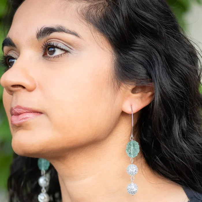 Seafoam Carved & Silver Floral Hex Drop Earrings