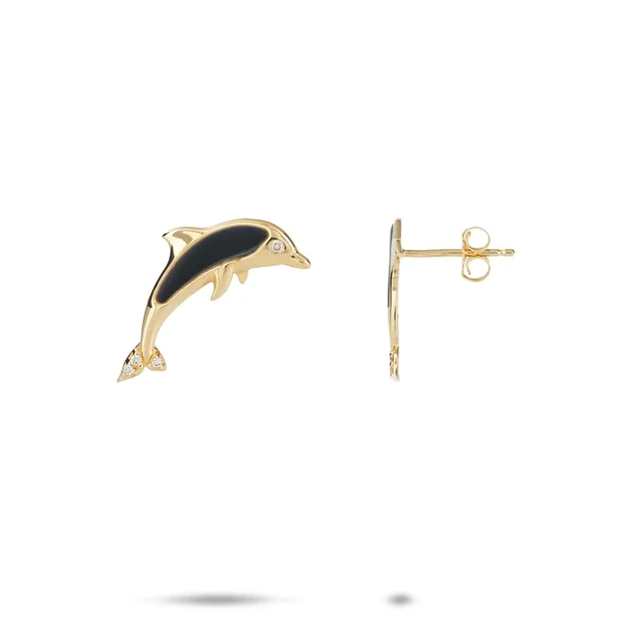 Sealife Dolphin Black Coral Earrings in Gold with Diamonds – 15mm