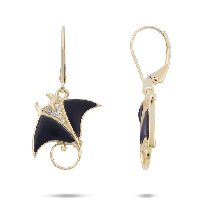 Sealife Manta Ray Black Coral Earrings in Gold with Diamonds – 20mm