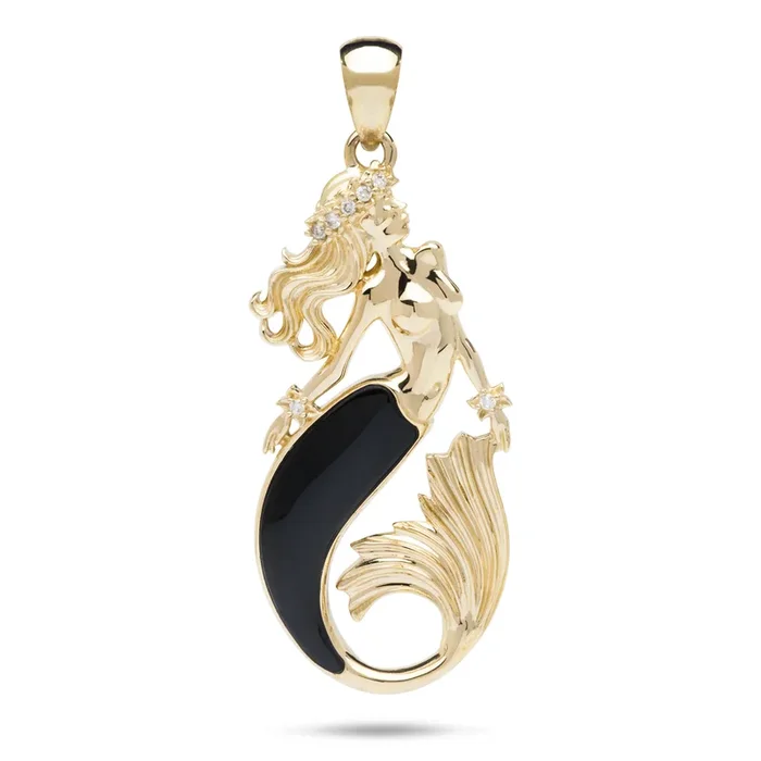 Sealife Mermaid Black Coral Pendant in Gold with Diamonds – 35mm