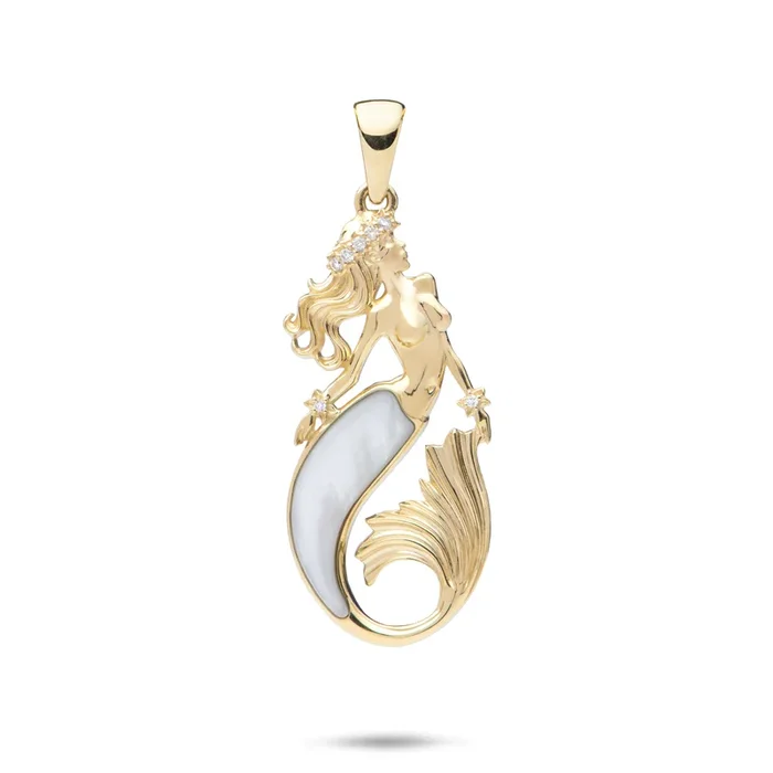 Sealife Mermaid Mother of Pearl Pendant in Gold with Diamonds – 30mm