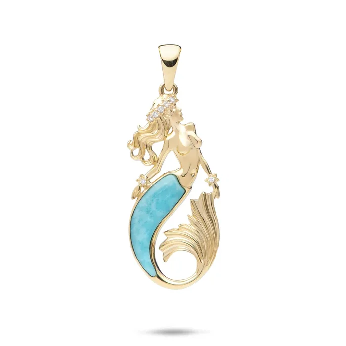Sealife Mermaid Turquoise Pendant in Gold with Diamonds – 30mm