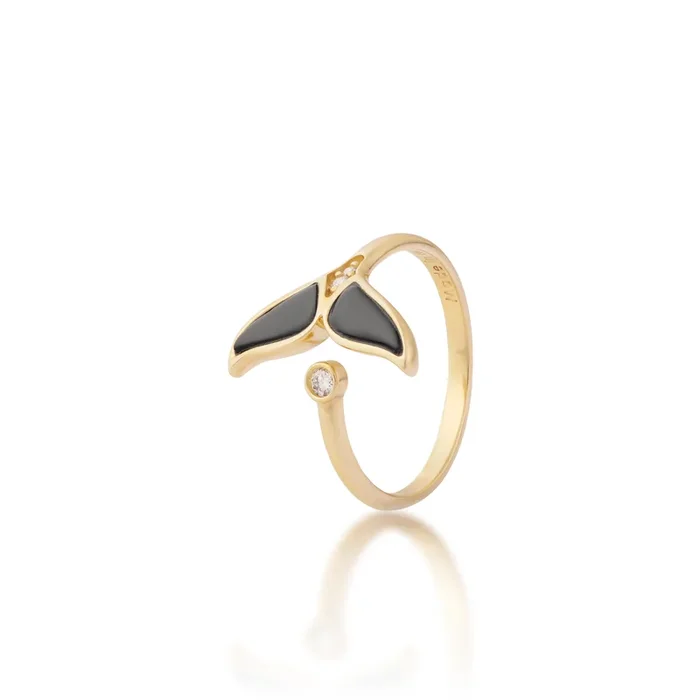Sealife Whale Tail Black Coral Ring in Gold with Diamonds – 15mm