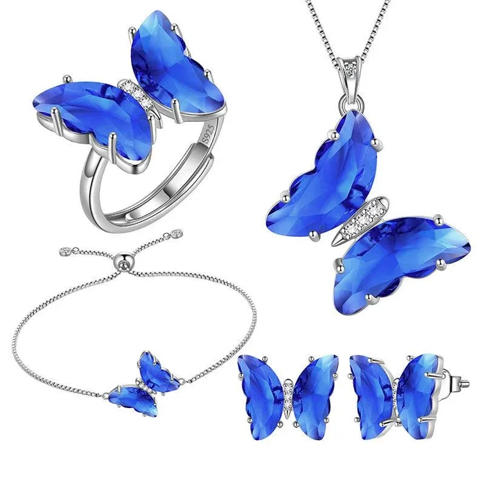 Set di gioielli con farfalla blu, 5 pezzi, settembre, zaffiro, pietra portafortuna, regali di compleanno per ragazze e donne