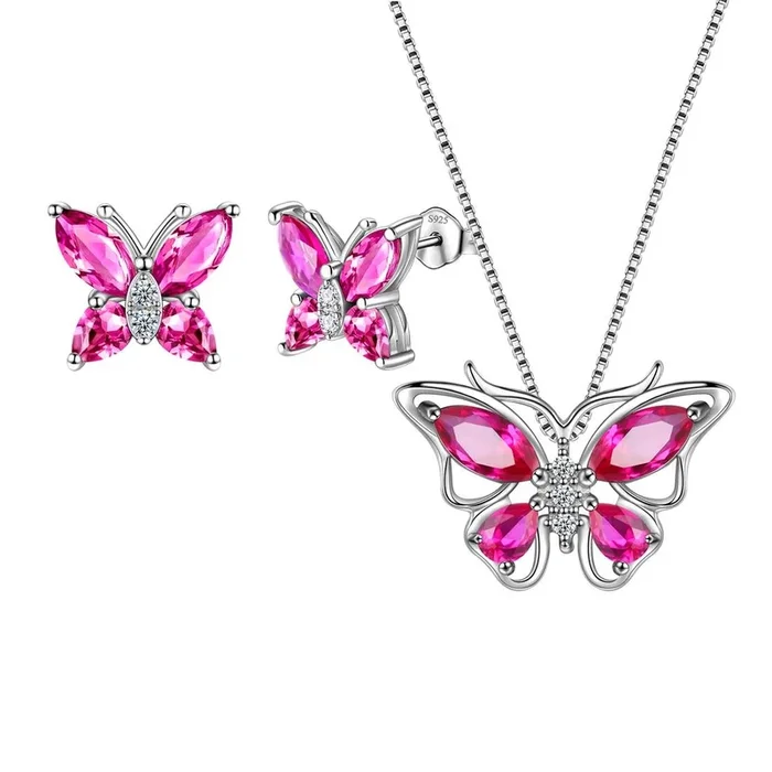 Set di gioielli con farfalla, pietra portafortuna di luglio, rubino, regalo di compleanno per ragazze e donne