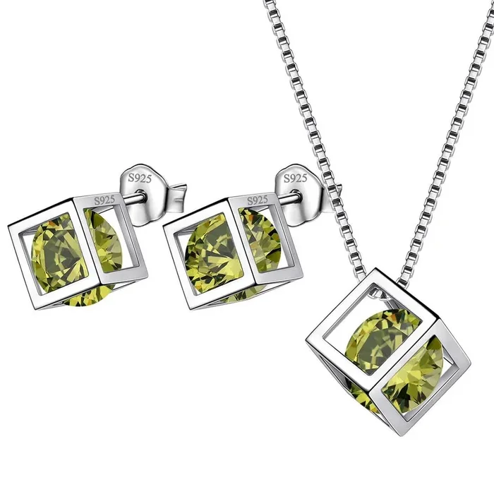 Set di gioielli con peridoto di agosto in pietra cubica 3D, regalo di compleanno per ragazze da donna, 3 pezzi
