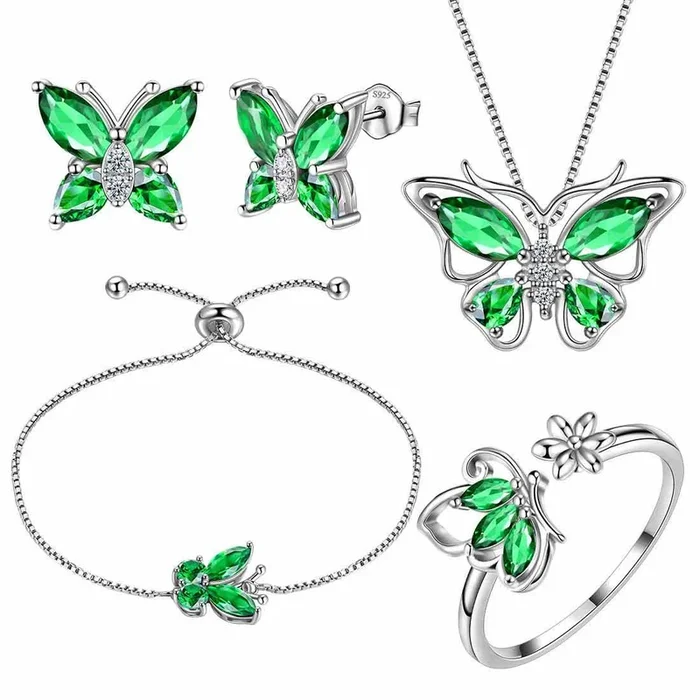 Set di gioielli con smeraldi di maggio con pietra portafortuna a forma di farfalla, regalo di compleanno per ragazze da 5 pezzi