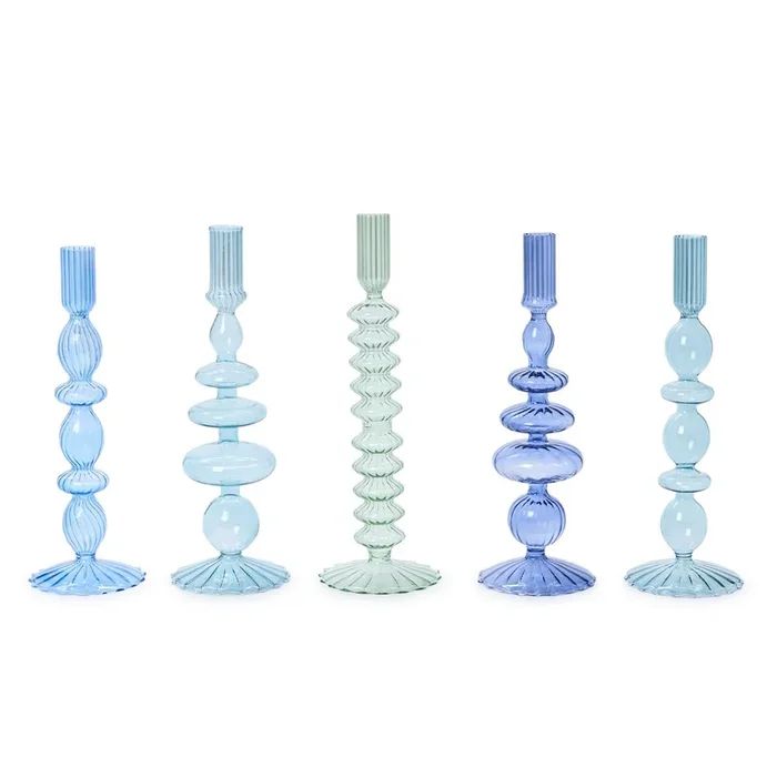Set of 5 Shades of Blue Hand-Blown Glass Taper Candlestick Candleholders – Hand-Blown Glass