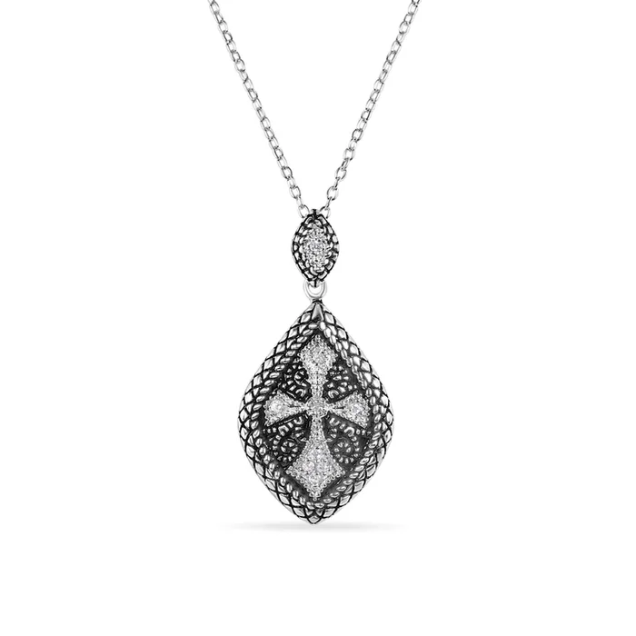 Silver 925 Black and Rhodium Plated Marquis Inner Cross CZ Necklace – BGP00521
