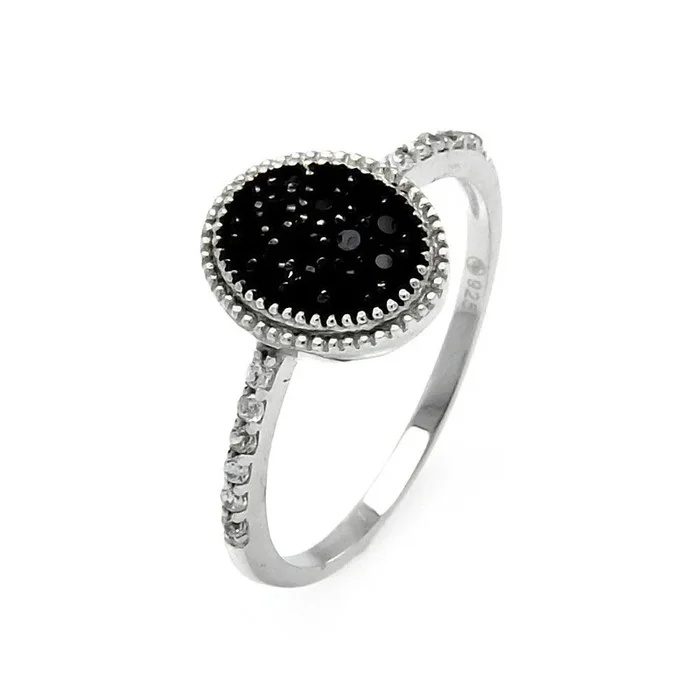 Silver 925 Black and Silver Rhodium Plated Round Oval Circle CZ Ring – STR00908