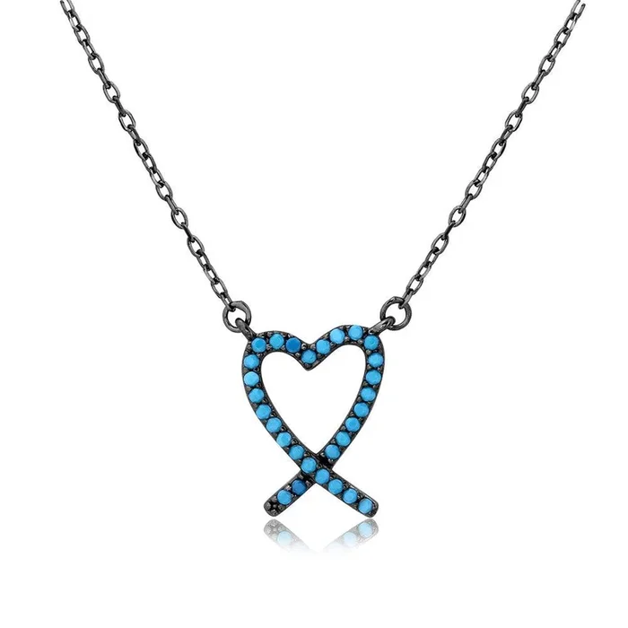 Silver 925 Black Rhodium Open Heart Necklace with Turquoise Stones – BGP01111