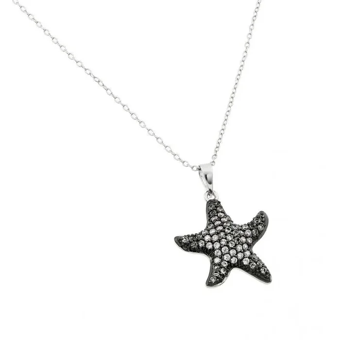 Silver 925 Black Rhodium Plated Clear CZ Star Fish Pendant Necklace – BGP00919