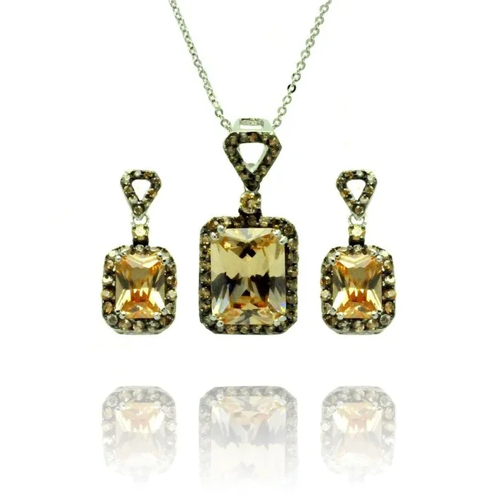 Silver 925 Black Rhodium Plated Tan Round and Rectangular CZ Dangling Stud Earring and Necklace Set – BGS00375