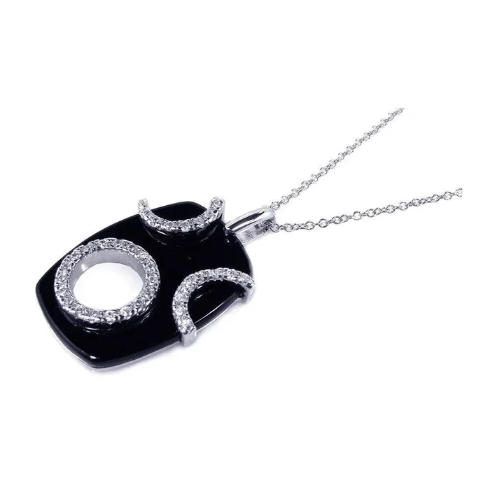 Silver 925 Clear CZ Rhodium Plated Black Onyx Octagon Pendant Necklace – BGP00107