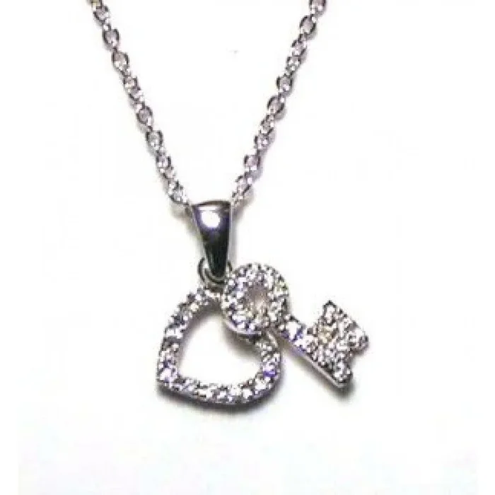 Silver 925 Clear CZ Rhodium Plated Heart-Key Entwined Pendant Necklace – STP00010