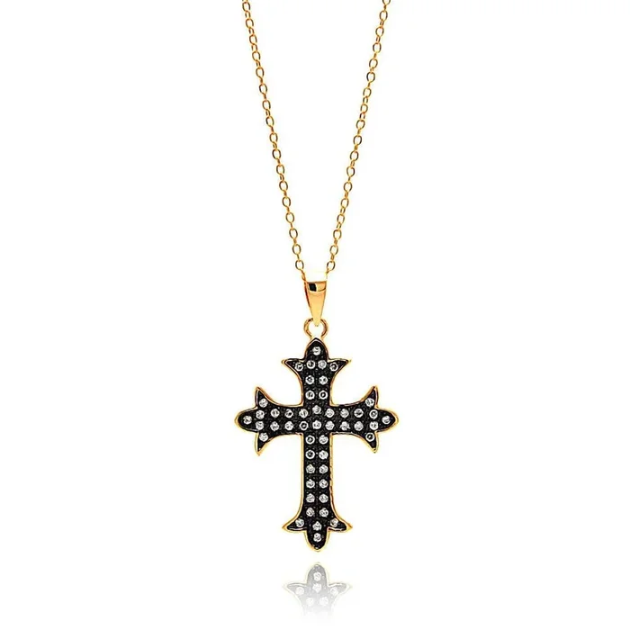 Silver 925 Gold and Black Plated Cross CZ Inlay Necklace – BGP00686