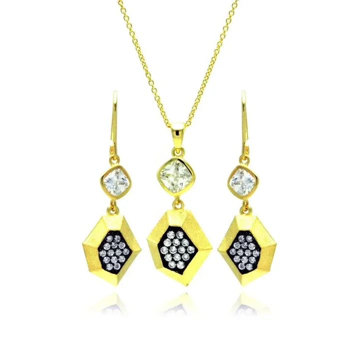 Silver 925 Gold Plated Black CZ Dangling Stud Earring and Necklace Set – STS00382