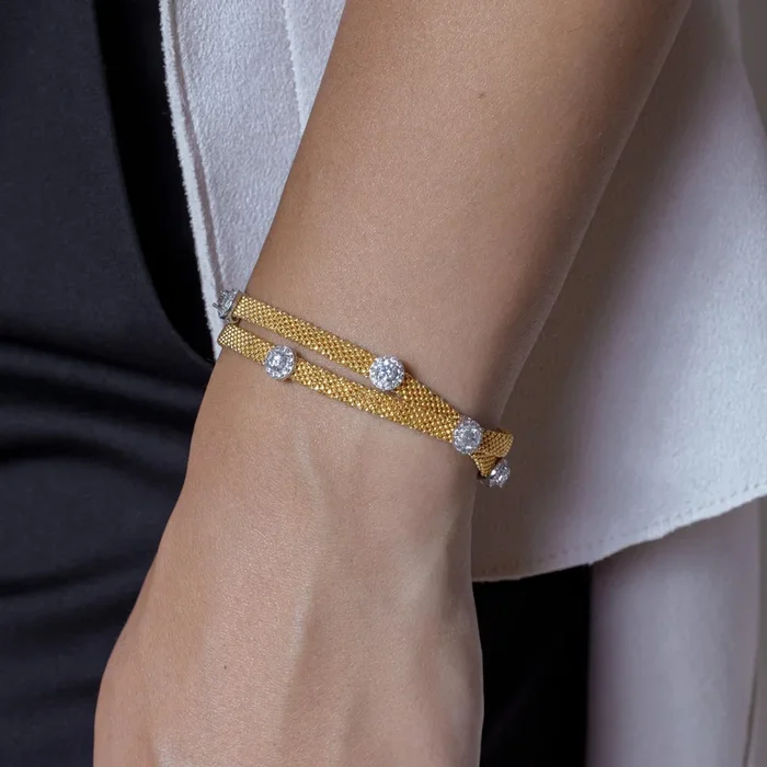 Silver 925 Gold Plated Round Clear CZ Double Wrap Beaded Italian Bracelet – PSB000010GP