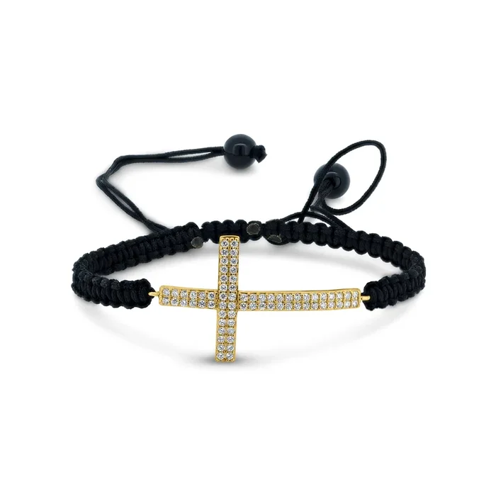 Silver 925 Gold Plated Sideways Cross CZ Black Braided Cord Bracelet – BGB00179GP