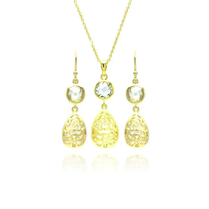 Silver 925 Gold Plated Teardrop Round CZ Dangling Stud Earring and Necklace Set – STS00374