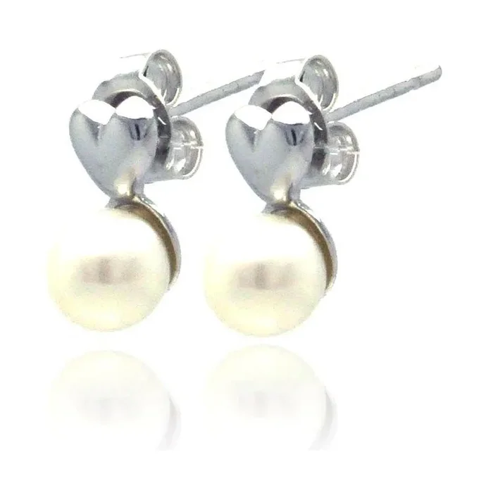 Silver 925 Heart Rhodium Plated Synthetic Pearl Stud Earrings – STE00755