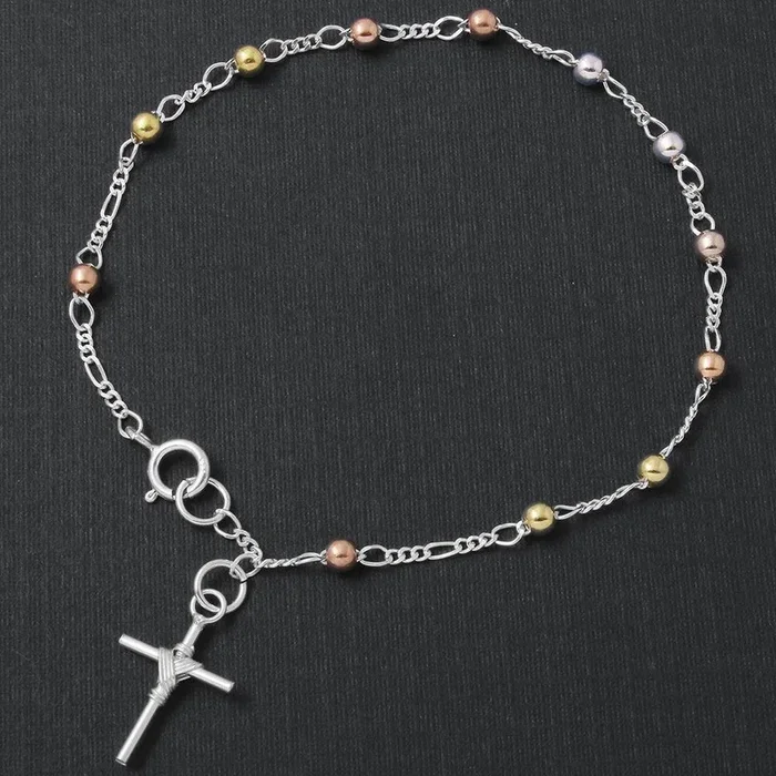 Silver 925 High Polished 3 Toned Beads with Tied Up Cross Rosary Bracelet – RSB07TR-3MM