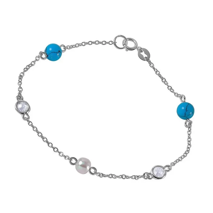 Silver 925 Link Bracelet with Turquoise Beads, Synthetic Pearl and CZ – BGB00259
