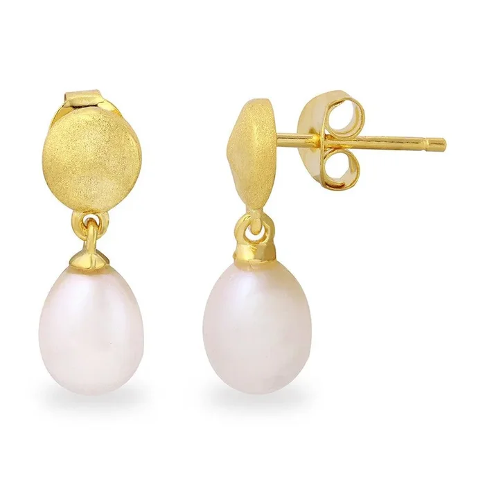 Silver 925 Matte Finish Gold Plated Disc with Hanging Fresh Water Pearl Earrings – BGE00483