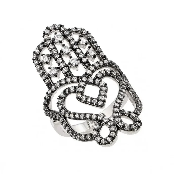 Silver 925 Oxidized Rhodium Plated Clear CZ Hamsa Hand Ring – BGR00824