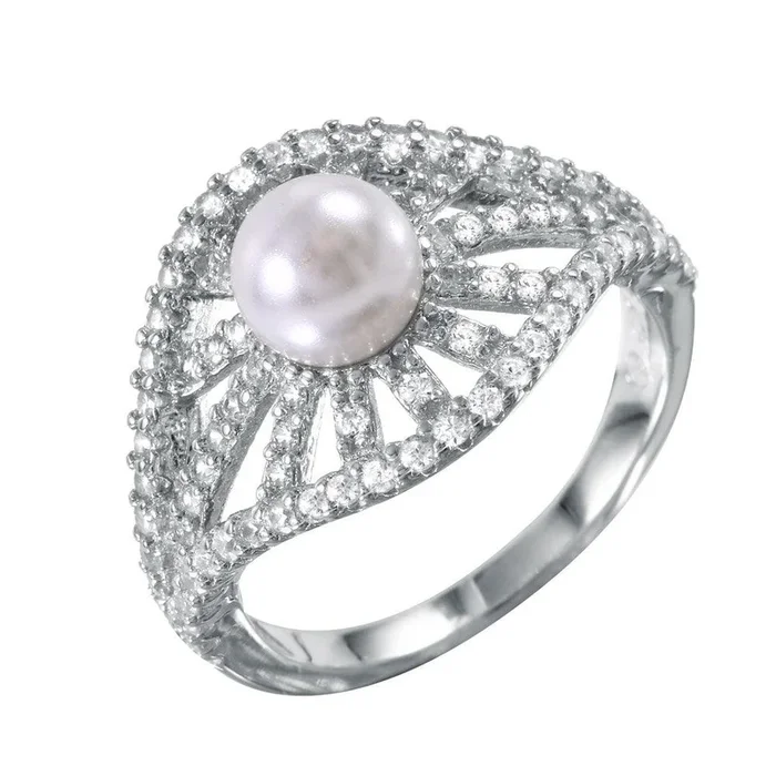 Silver 925 Radial Bursts Synthetic Pearl Ring With CZ Accents – BGR00989