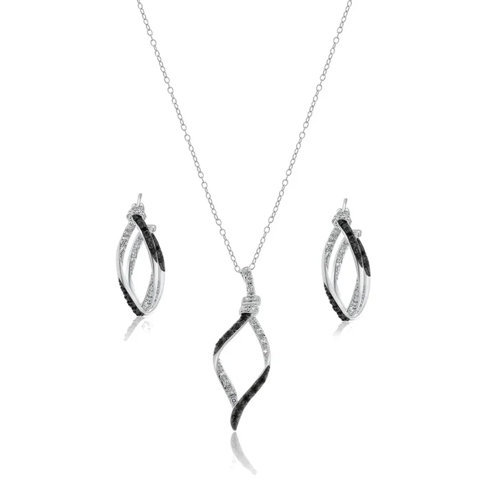 Silver 925 Rhodium and Black Rhodium Plated Black and Clear Open Wave CZ Hoop Set – BGS00136