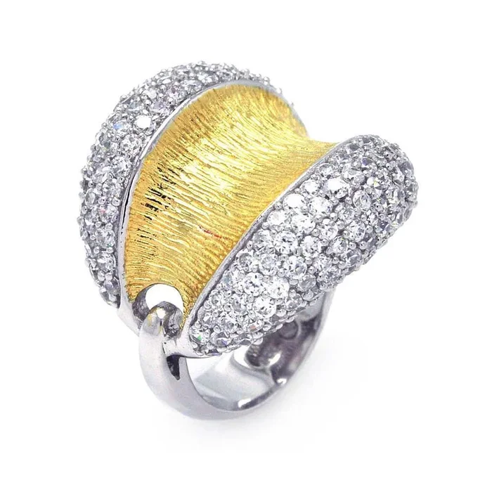 Silver 925 Rhodium and Gold Plated 2 Toned Clear Pave Set CZ Open Dome Ring – BGR00326