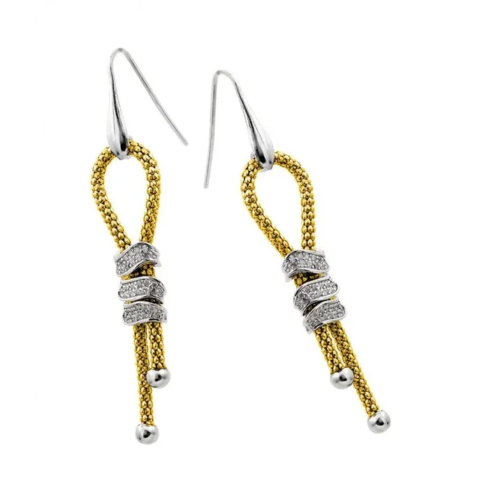 Silver 925 Rhodium and Gold Plated Dangling Ribbon Center Rectangular CZ Inlay Dangling Hook Earrings – ECE011GP