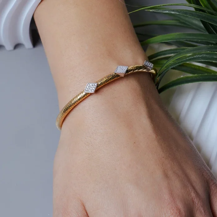Silver 925 Rhodium and Gold Plated Three Marquis Clear CZ Inlay Bracelet – ECB00028YW
