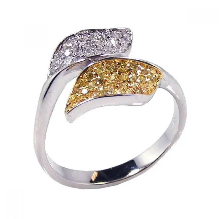 Silver 925 Rhodium and Gold Plated Yellow and Clear CZ Leaf Ring – BGR00085
