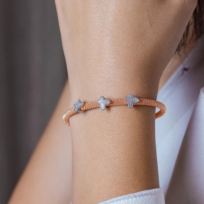 Silver 925 Rhodium and Rose Gold Plated Butterfly Micro Pave Clear CZ Beaded Italian Bracelet – ITB00176RGP