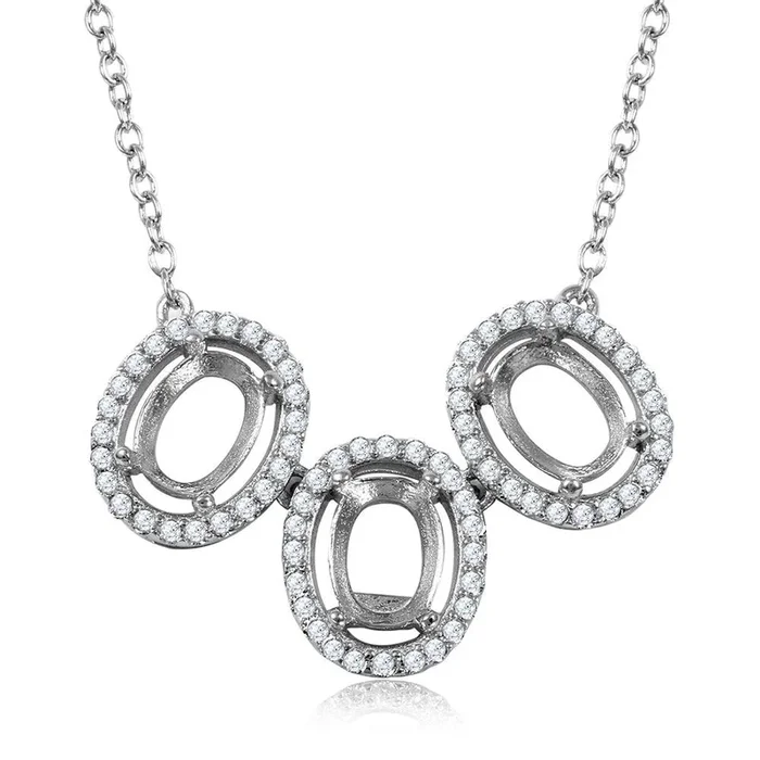 Silver 925 Rhodium Plated 3 Oval CZ Halo Mounting Necklace – BGP01013