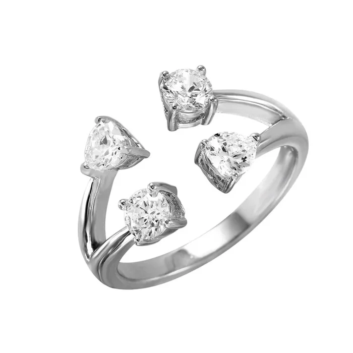 Silver 925 Rhodium Plated 4 Ends Open Ring with CZ Accents Caps – BGR00985