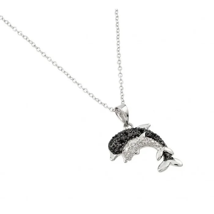 Silver 925 Rhodium Plated Black and Clear Dolphin Necklace – BGP00680
