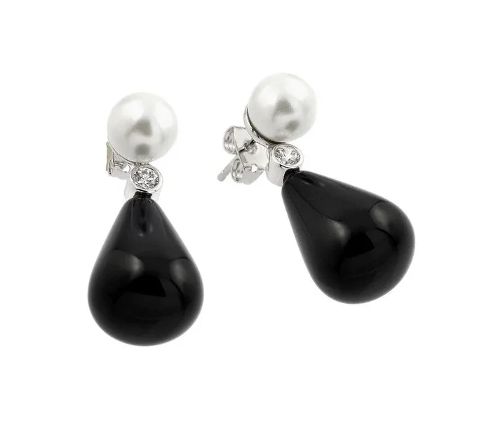 Silver 925 Rhodium Plated Black Synthetic Pearl Small Round CZ Stud Earrings – BGE00346