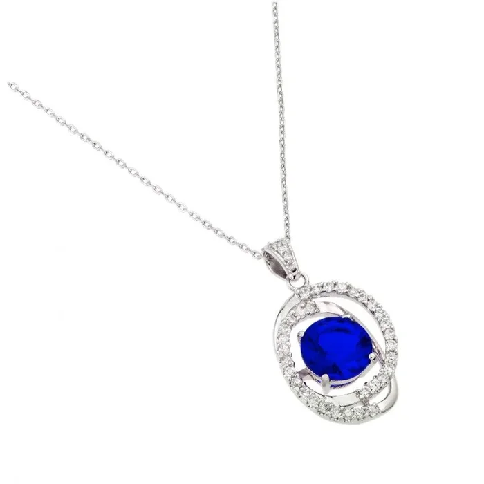 Silver 925 Rhodium Plated Blue CZ Circle Pendant – BGP00722