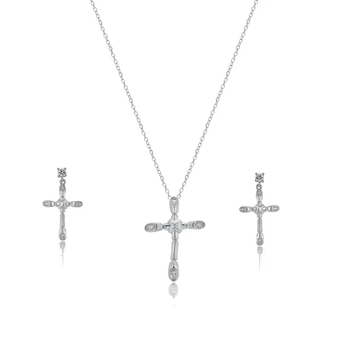 Silver 925 Rhodium Plated Bone Cross CZ Necklace and Earrings Set – BGS00308