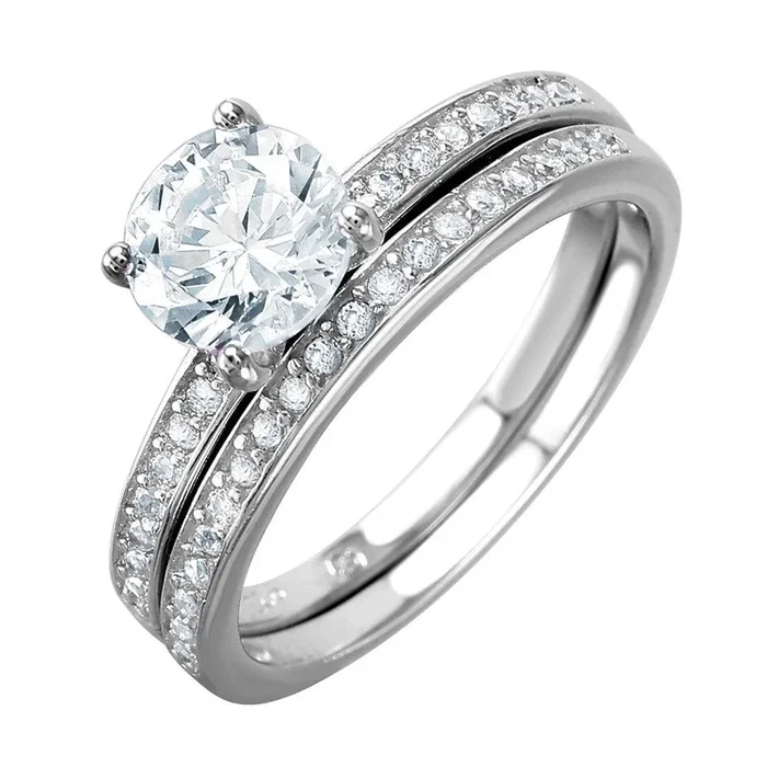 Silver 925 Rhodium Plated Bridal Ring with Round CZ Center Stone – BGR01004