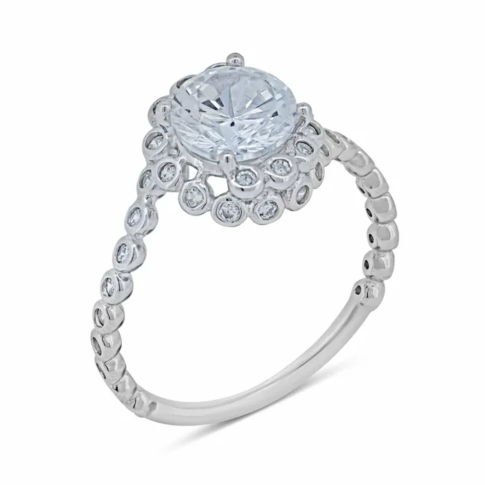 Silver 925 Rhodium Plated Bubble Shank Round Center CZ Ring – BGR01038