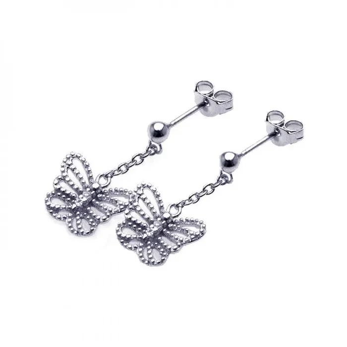 Silver 925 Rhodium Plated Butterfly CZ Dangling Wire Post Earrings – STE00527
