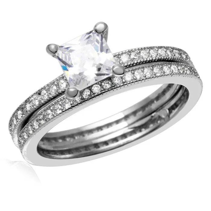 Silver 925 Rhodium Plated Center Square CZ Bridal Wedding Ring Set – BGR01007
